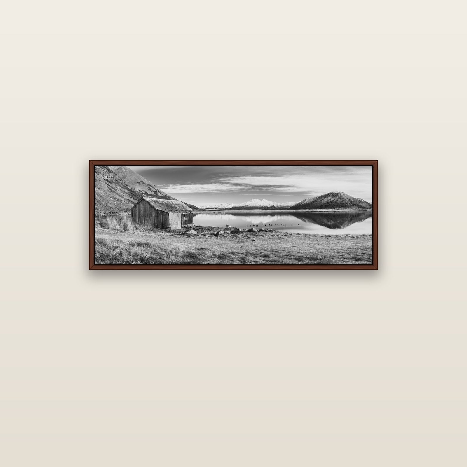 Tranquility's Hut, Big Hill and Potts Range — brown float frame canvas, 102 × 36 cm. New Zealand fine art landscape wall art by Stephen Milner.