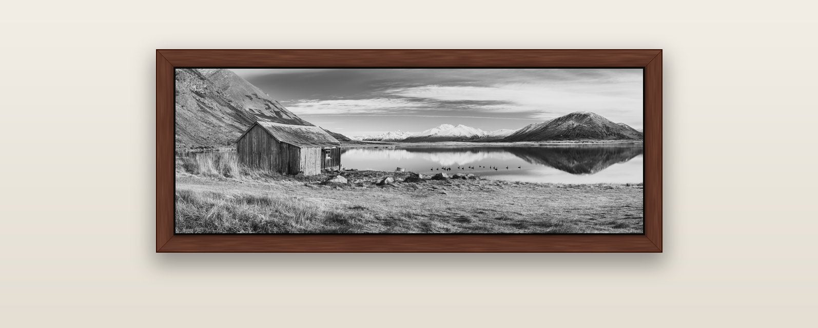 Tranquility's Hut, Big Hill and Potts Range — brown float frame canvas, 102 × 36 cm. New Zealand fine art landscape wall art by Stephen Milner.