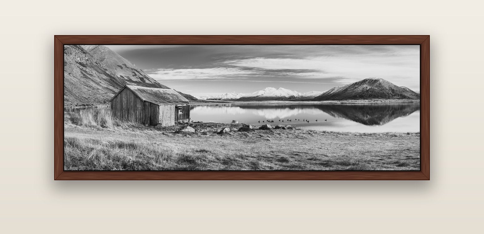 Tranquility's Hut, Big Hill and Potts Range — brown float frame canvas, 152 × 56 cm. New Zealand fine art landscape wall art by Stephen Milner.