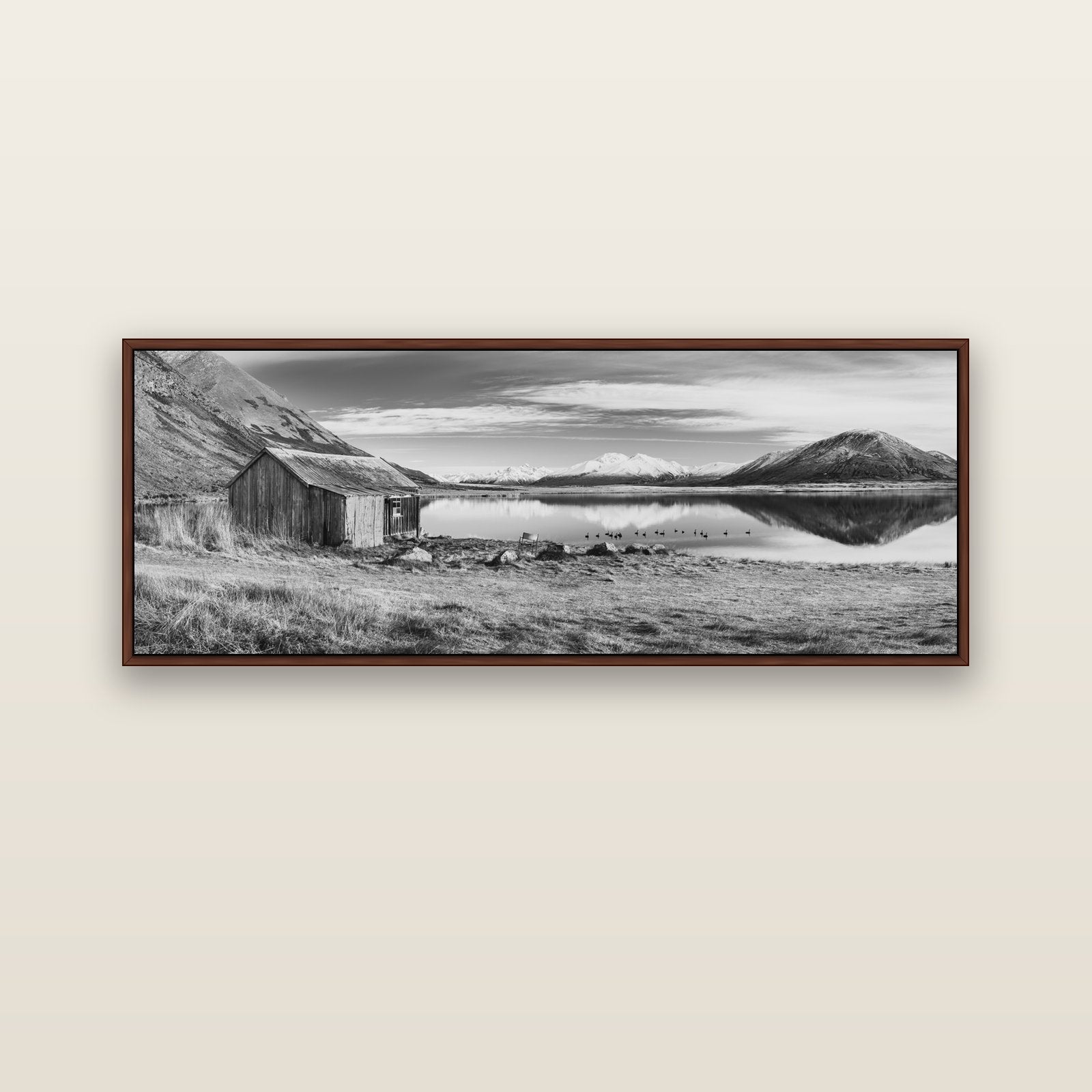 Tranquility's Hut, Big Hill and Potts Range — brown float frame canvas, 152 × 56 cm. New Zealand fine art landscape wall art by Stephen Milner.