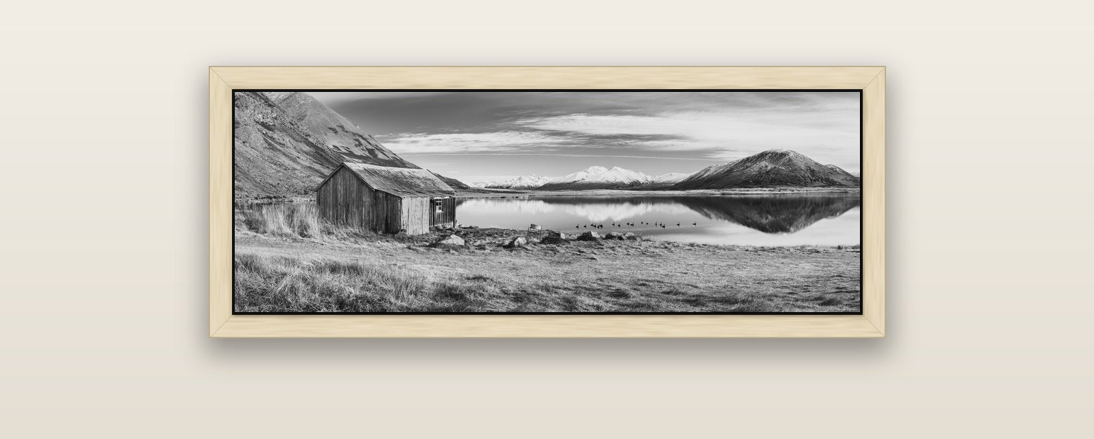 Tranquility's Hut, Big Hill and Potts Range — natural float frame canvas, 102 × 36 cm. New Zealand fine art landscape wall art by Stephen Milner.