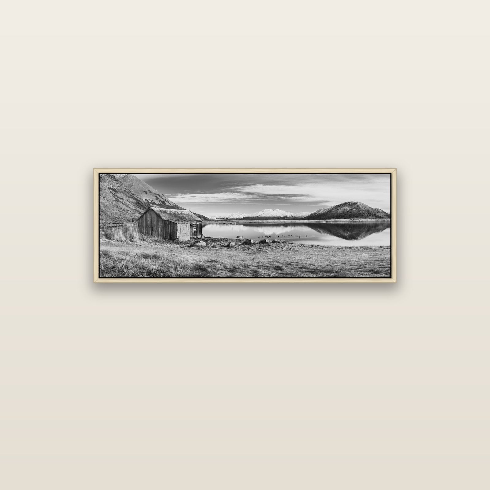 Tranquility's Hut, Big Hill and Potts Range — natural float frame canvas, 102 × 36 cm. New Zealand fine art landscape wall art by Stephen Milner.