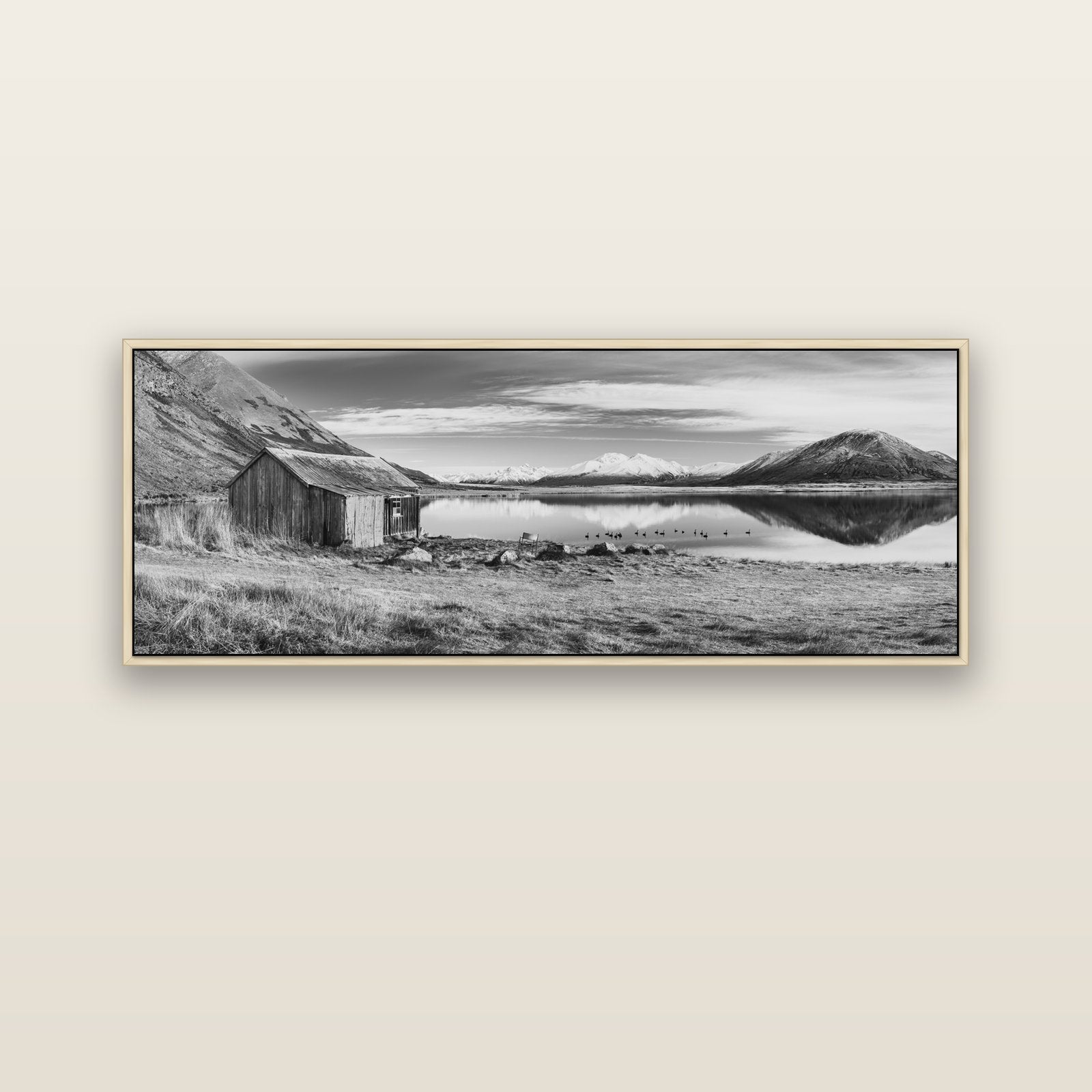Tranquility's Hut, Big Hill and Potts Range — natural float frame canvas, 152 × 56 cm. New Zealand fine art landscape wall art by Stephen Milner.