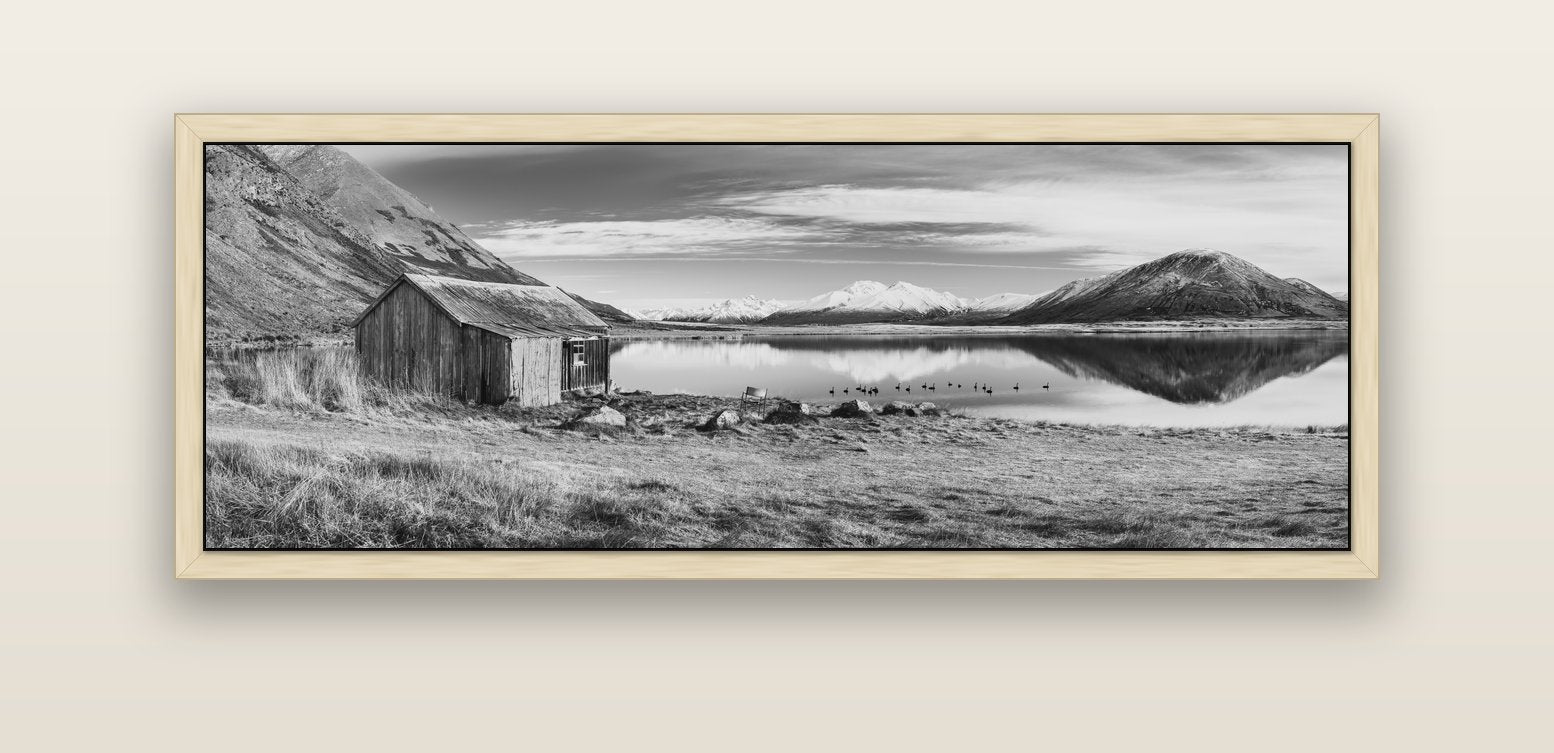 Tranquility's Hut, Big Hill and Potts Range — natural float frame canvas, 152 × 56 cm. New Zealand fine art landscape wall art by Stephen Milner.