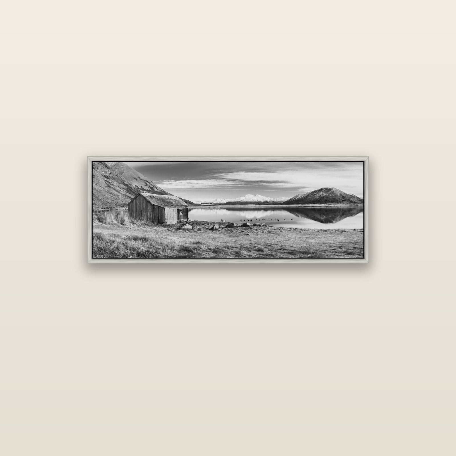 Tranquility's Hut, Big Hill and Potts Range — silver float frame canvas, 102 × 36 cm. New Zealand fine art landscape wall art by Stephen Milner.