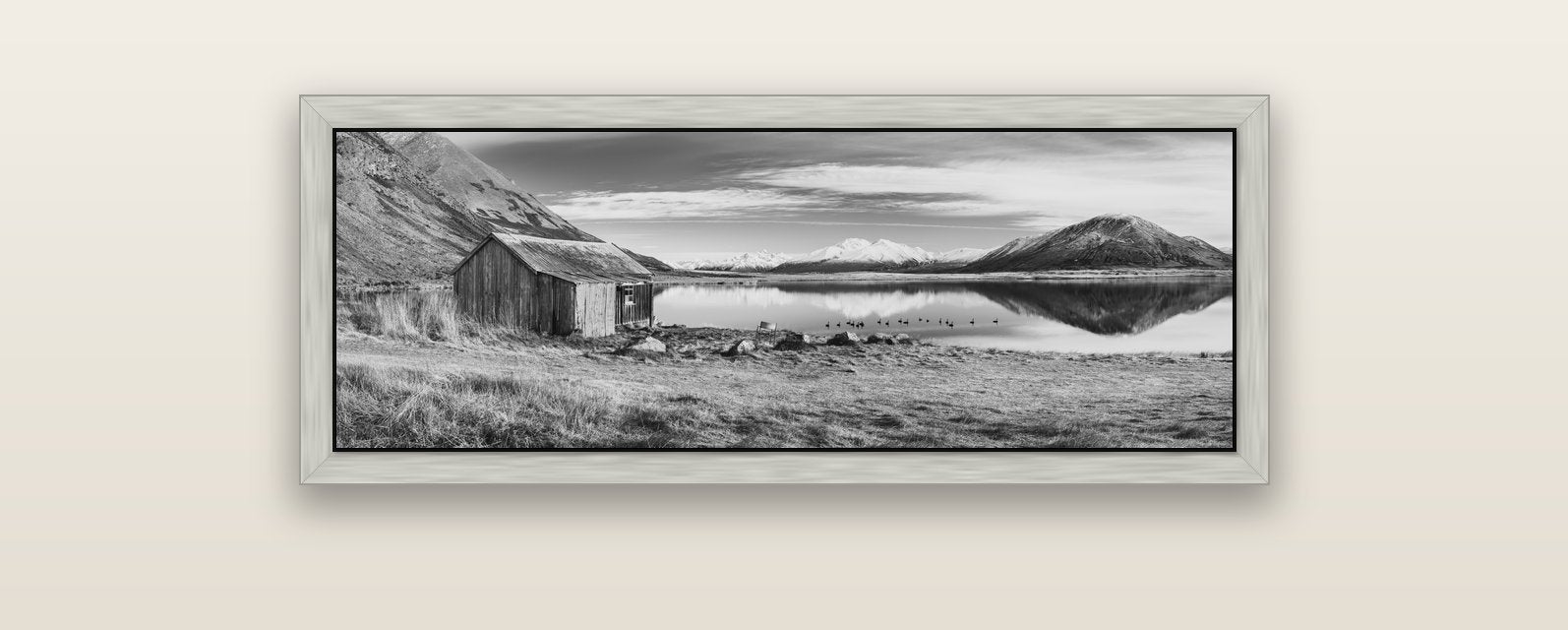 Tranquility's Hut, Big Hill and Potts Range — silver float frame canvas, 102 × 36 cm. New Zealand fine art landscape wall art by Stephen Milner.