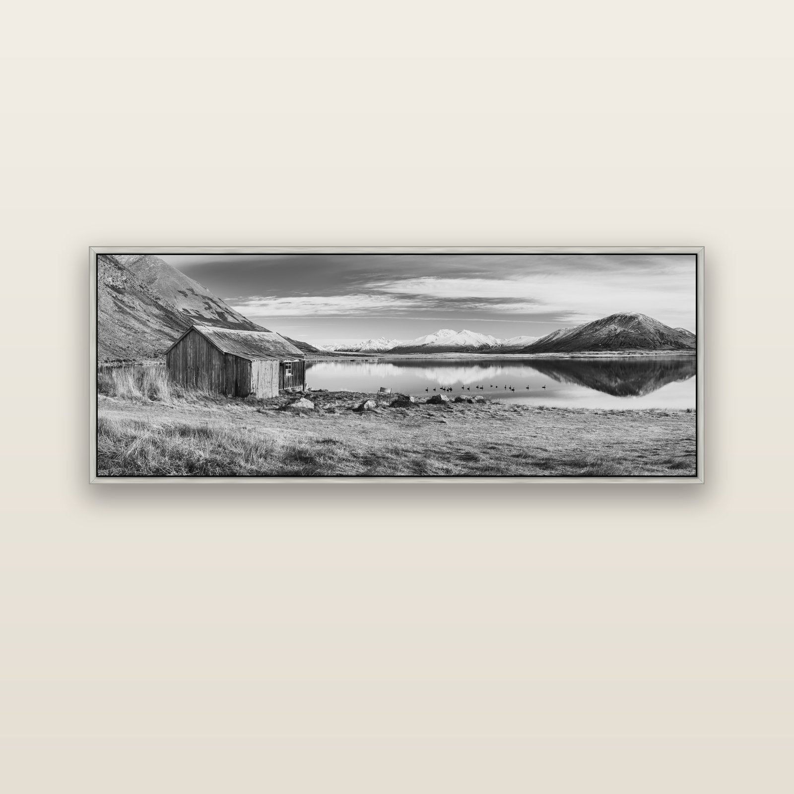 Tranquility's Hut, Big Hill and Potts Range — silver float frame canvas, 152 × 56 cm. New Zealand fine art landscape wall art by Stephen Milner.