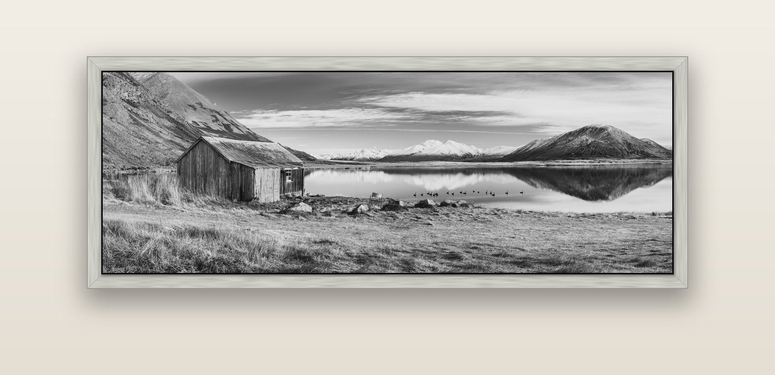 Tranquility's Hut, Big Hill and Potts Range — silver float frame canvas, 152 × 56 cm. New Zealand fine art landscape wall art by Stephen Milner.