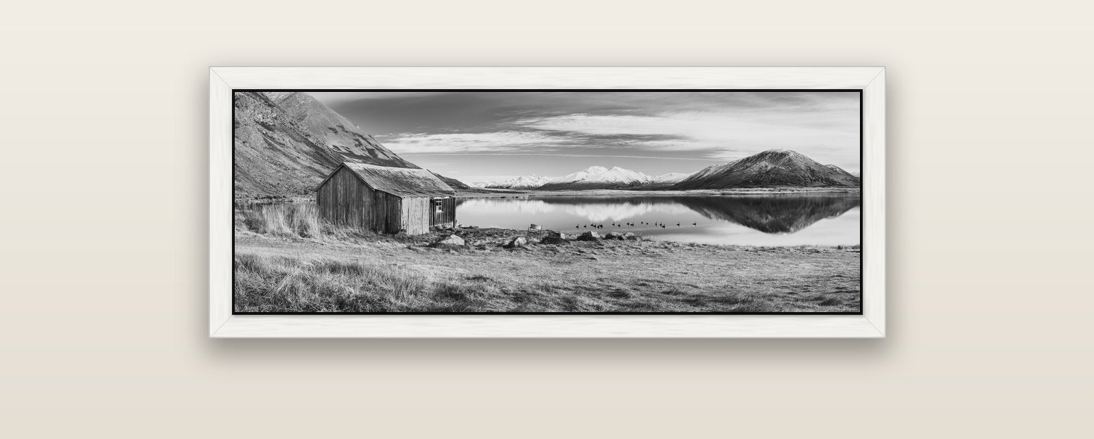 Tranquility's Hut, Big Hill and Potts Range — white float frame canvas, 102 × 36 cm. New Zealand fine art landscape wall art by Stephen Milner.