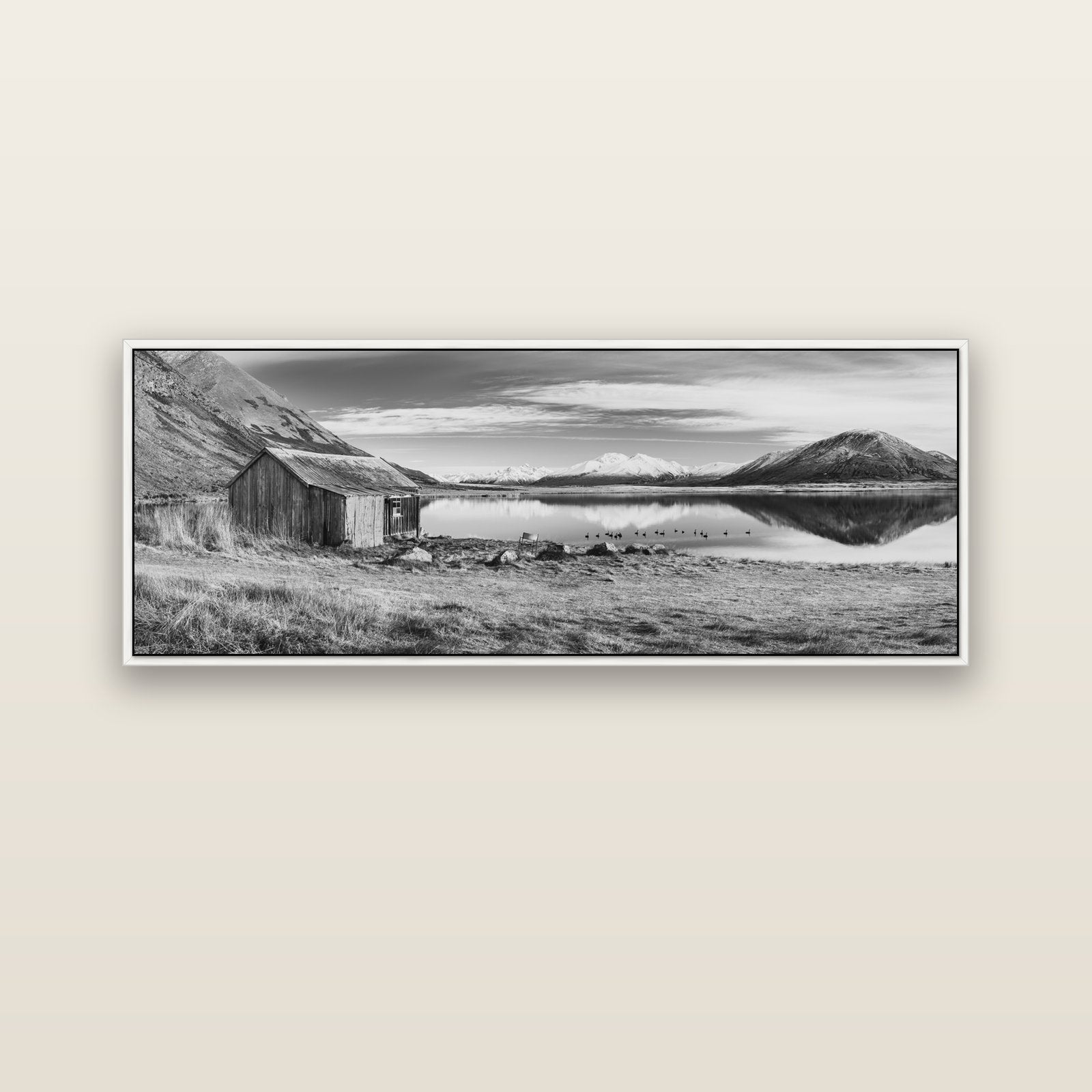 Tranquility's Hut, Big Hill and Potts Range — white float frame canvas, 152 × 56 cm. New Zealand fine art landscape wall art by Stephen Milner.