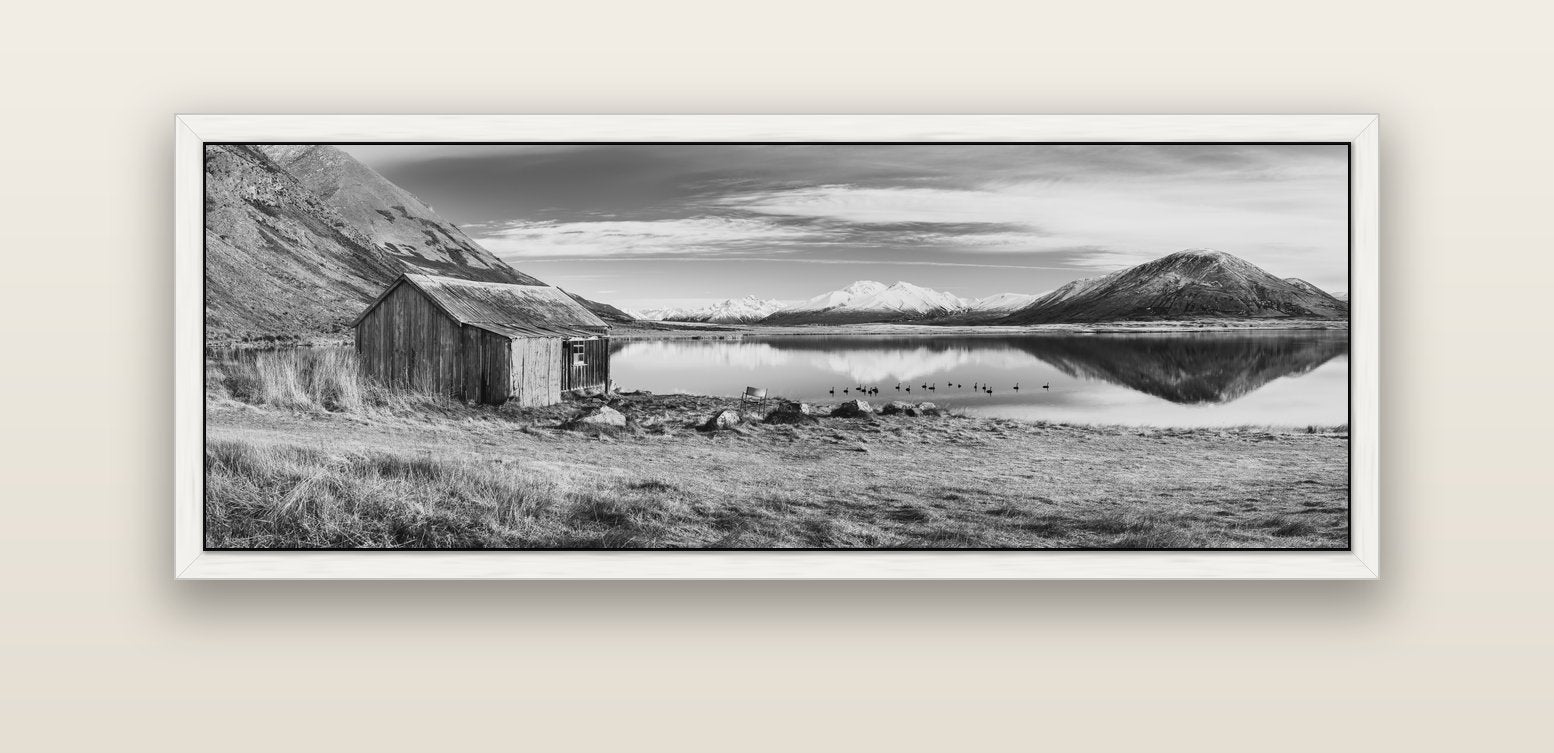 Tranquility's Hut, Big Hill and Potts Range — white float frame canvas, 152 × 56 cm. New Zealand fine art landscape wall art by Stephen Milner.