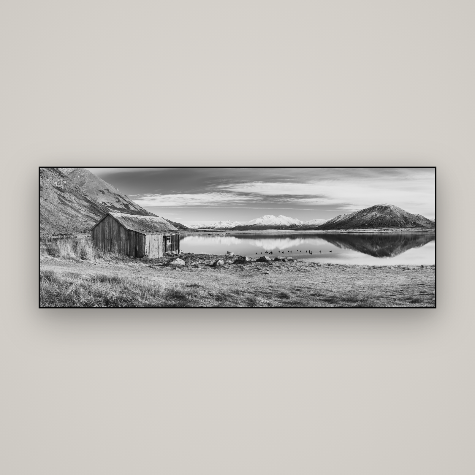Tranquility's Hut, Big Hill and Potts Range — Slimline Black, 170×60 cm. New Zealand fine art wall art by Stephen Milner.