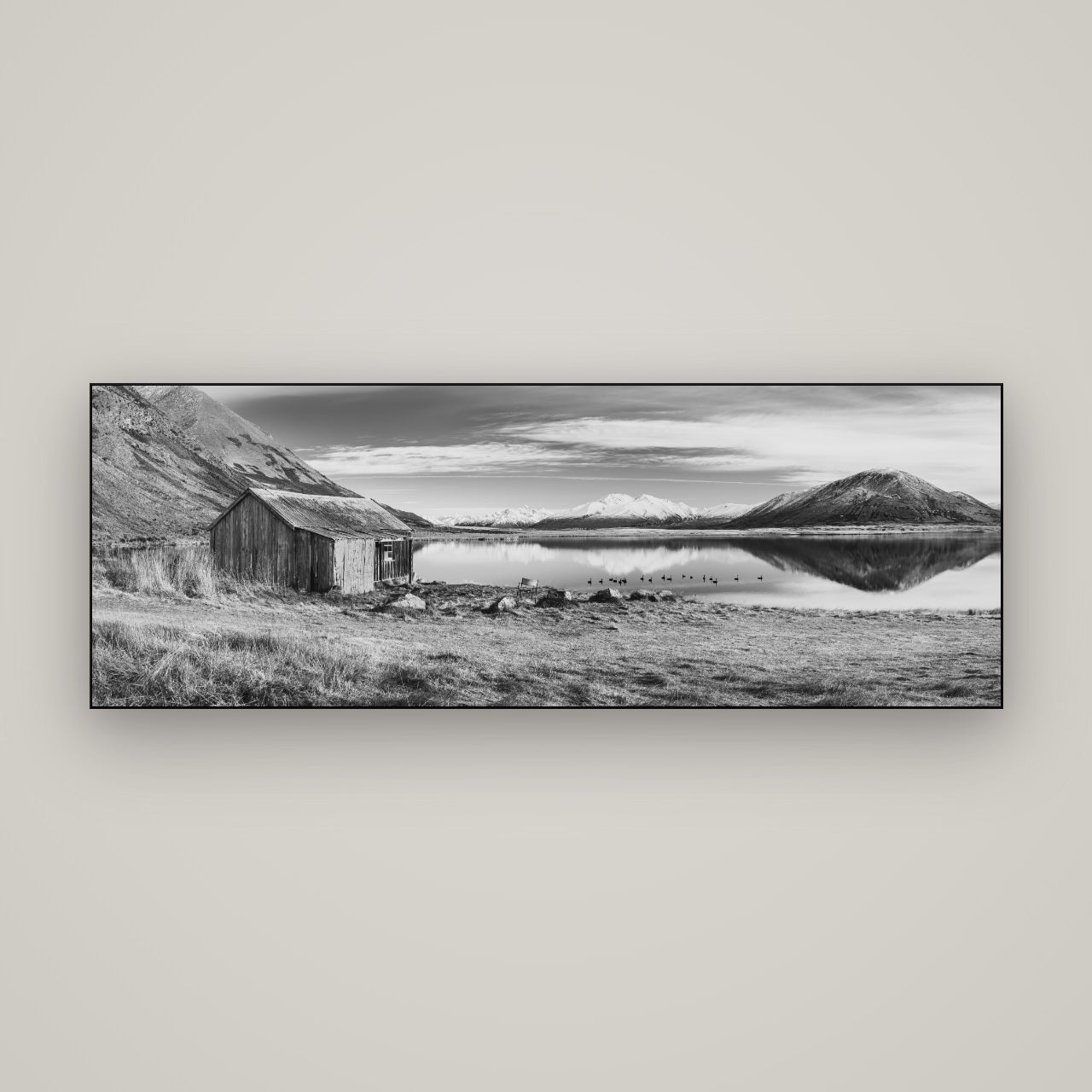 Tranquility's Hut, Big Hill and Potts Range — Slimline Black, 170×60 cm. New Zealand fine art wall art by Stephen Milner.