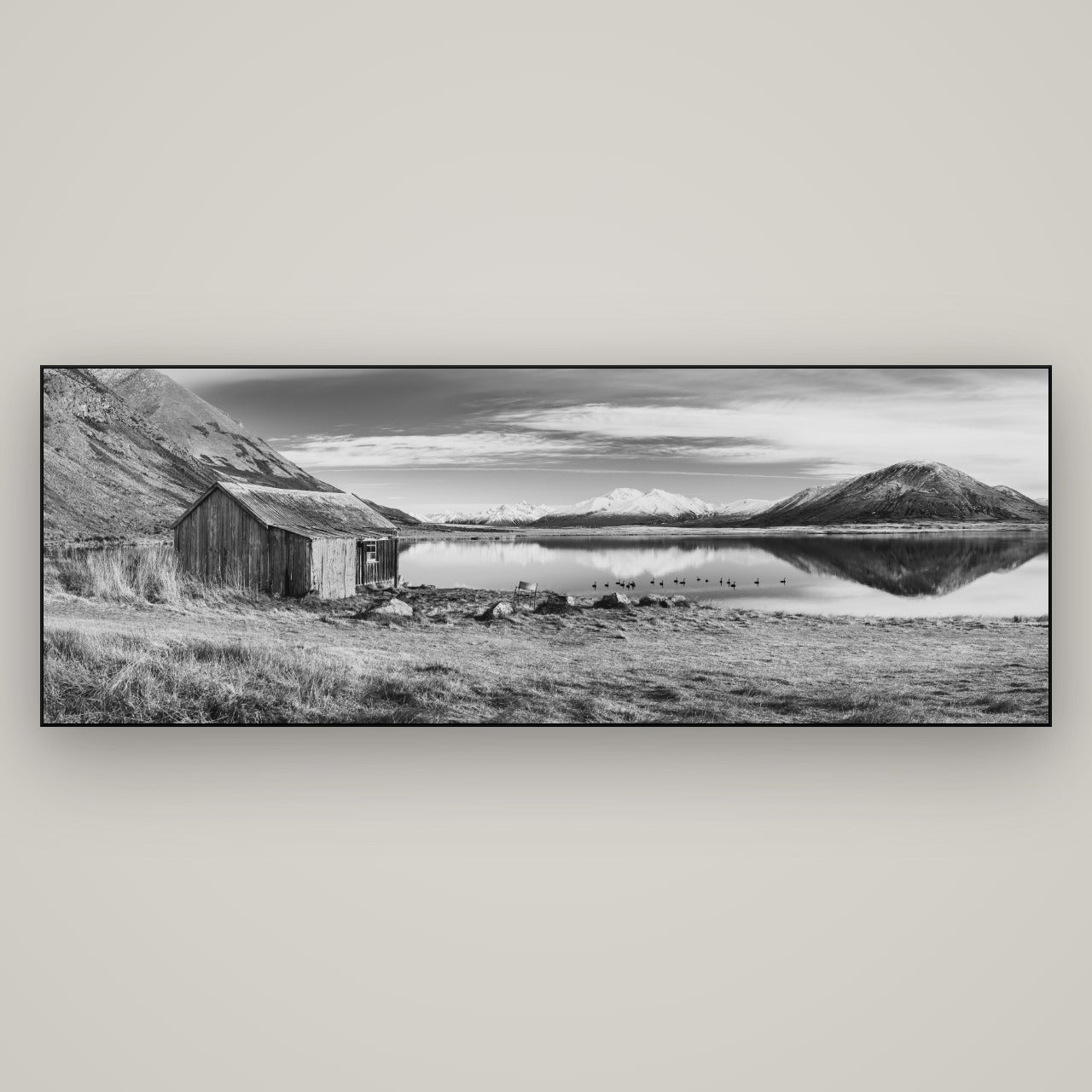 Tranquility's Hut, Big Hill and Potts Range — Slimline Black, 198×70 cm. New Zealand fine art wall art by Stephen Milner.