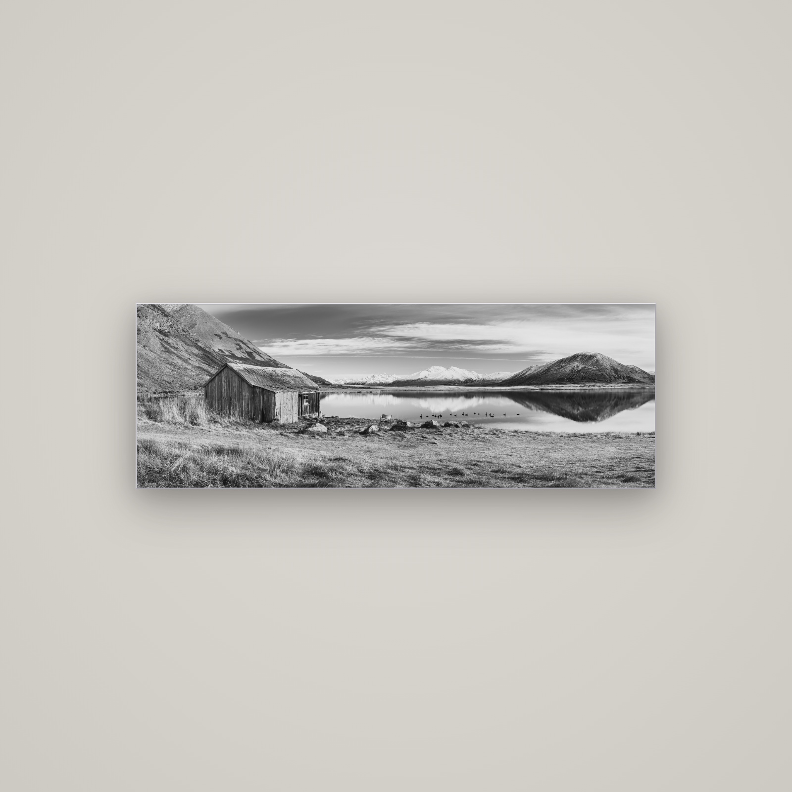 Tranquility's Hut, Big Hill and Potts Range — Slimline Silver, 113×40 cm. New Zealand fine art wall art by Stephen Milner.