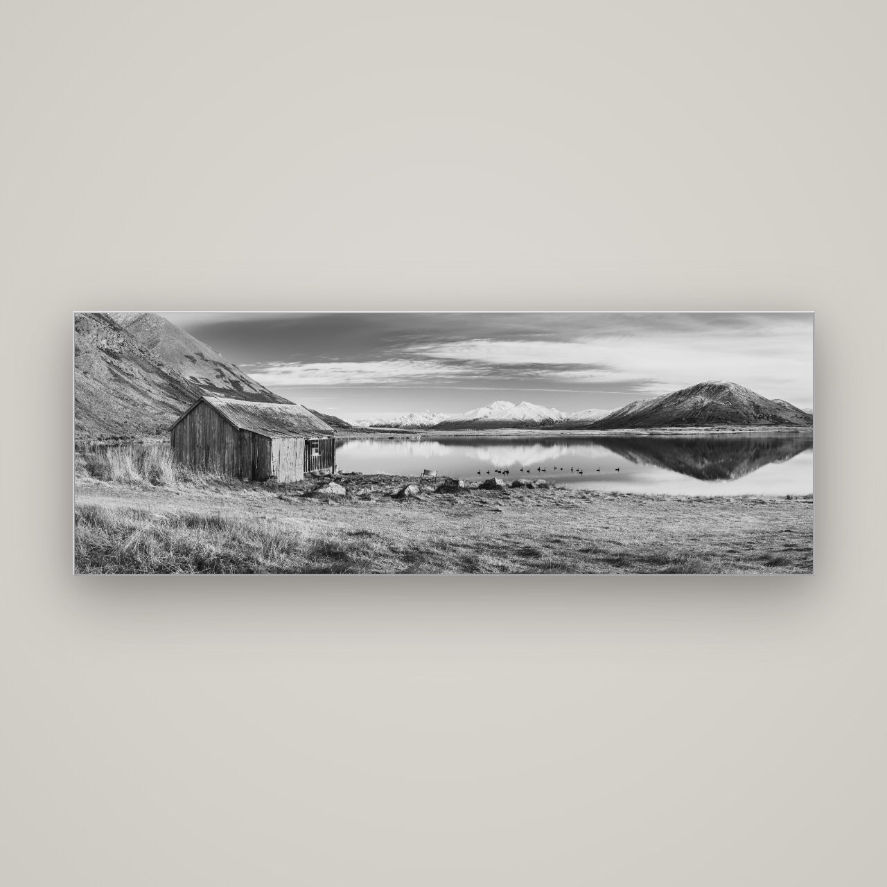 Tranquility's Hut, Big Hill and Potts Range — Slimline Silver, 170×60 cm. New Zealand fine art wall art by Stephen Milner.