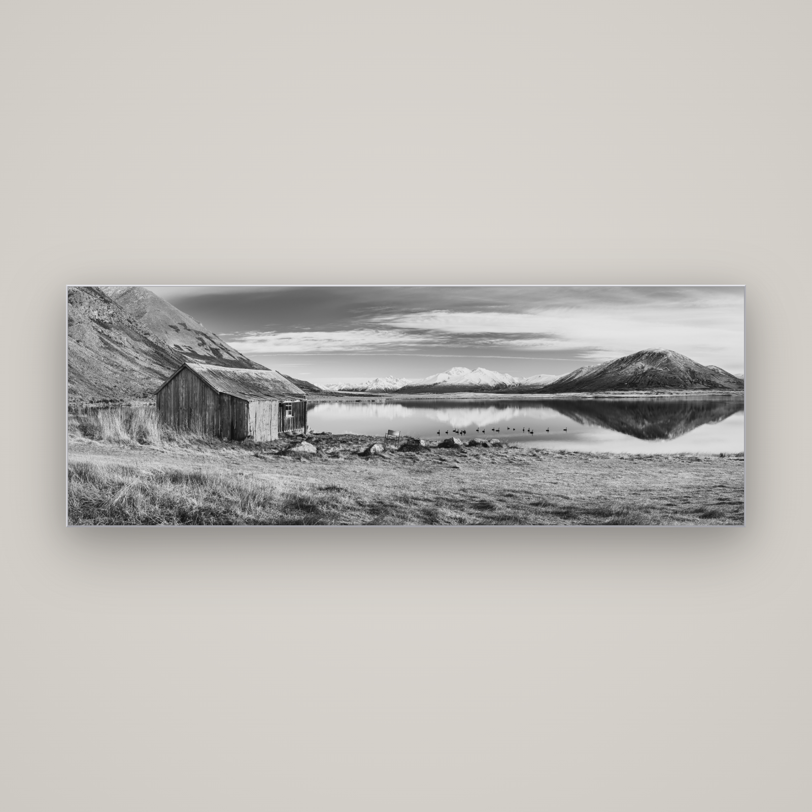 Tranquility's Hut, Big Hill and Potts Range — Slimline Silver, 170×60 cm. New Zealand fine art wall art by Stephen Milner.