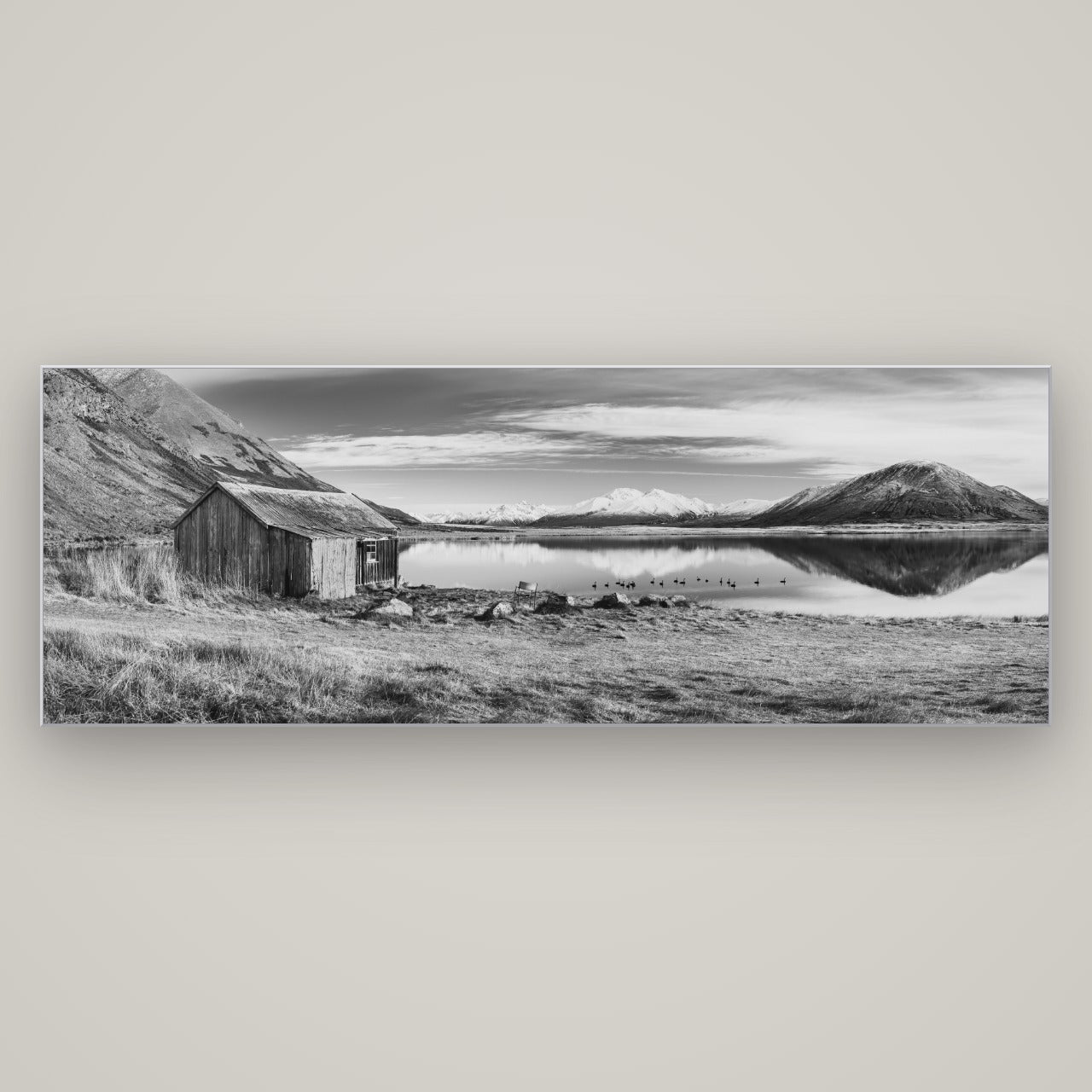 Tranquility's Hut, Big Hill and Potts Range — Slimline Silver, 198×70 cm. New Zealand fine art wall art by Stephen Milner.