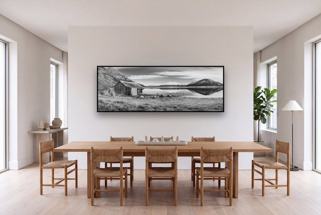 Tranquility's Hut, Big Hill and Potts Range shown as large black and white wall art in a styled room, fine art by Stephen Milner.