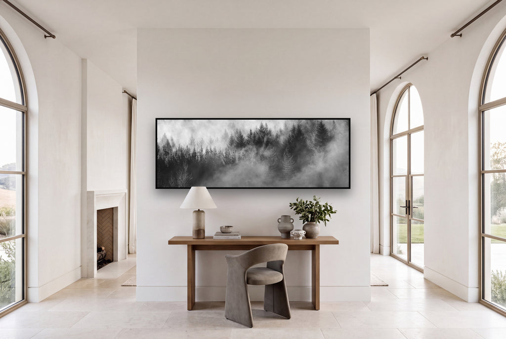 Transitions, Rotorua Redwoods shown as large black and white wall art in a styled room, fine art by Stephen Milner.