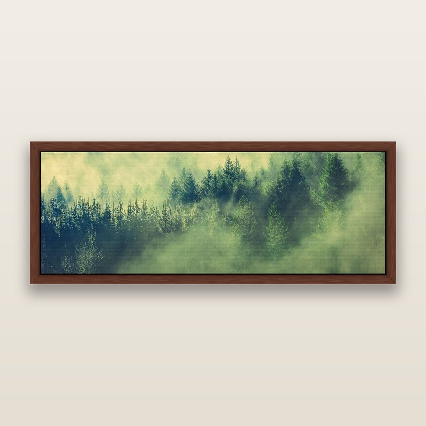 Transitions, Rotorua Redwoods — framed metallic canvas print, Brown frame. New Zealand fine art landscape wall art by Stephen Milner.