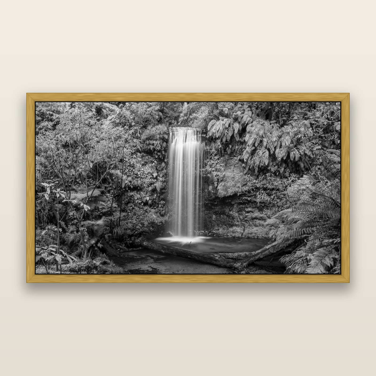 Veil of Serenity, Koropuku Falls, black and white framed metallic canvas print, Antique Gold frame. New Zealand fine art wall art by Stephen Milner.