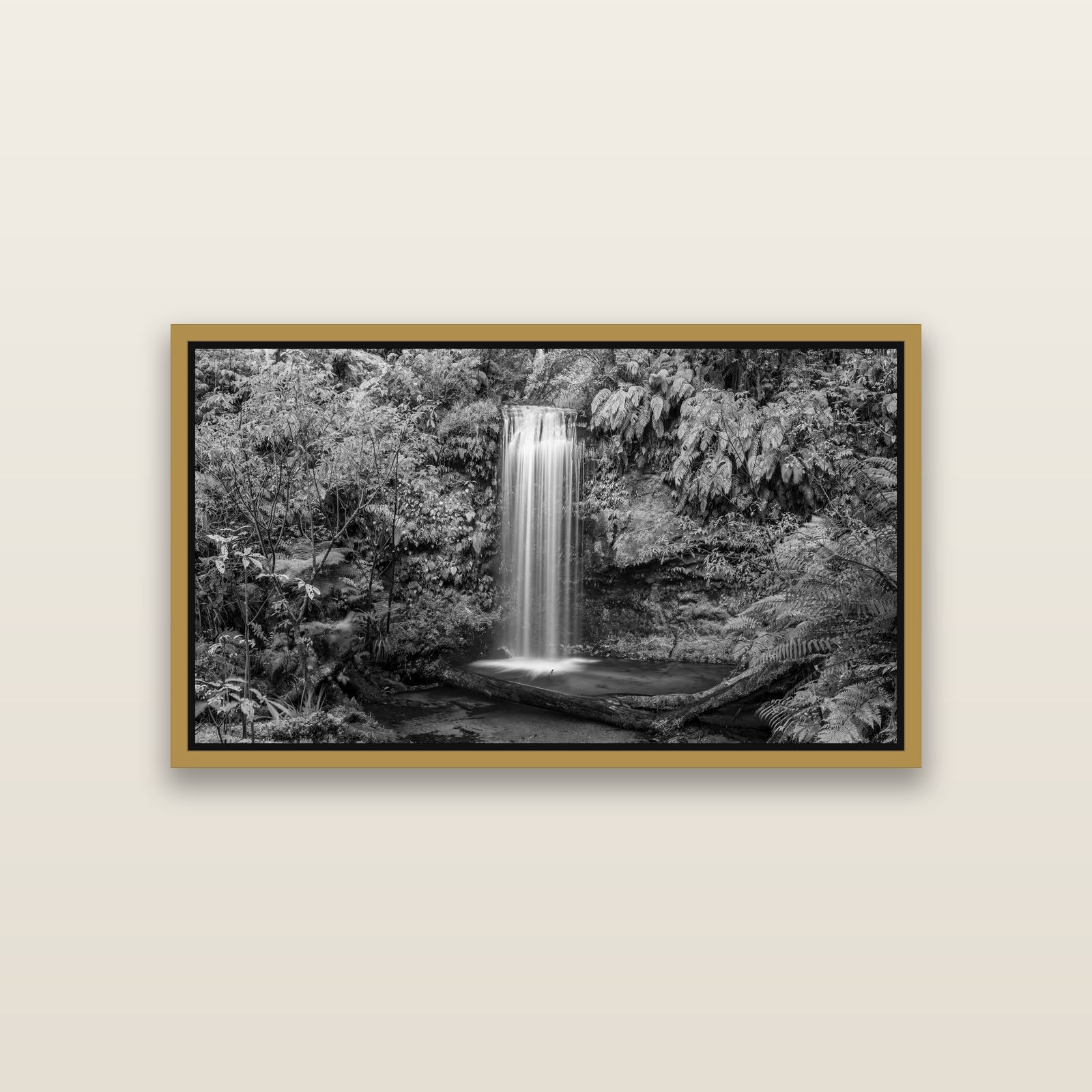 Veil of Serenity, Koropuku Falls — Antique Gold framed metallic canvas print, small 81 × 46 cm. New Zealand fine art landscape wall art by Stephen Milner.