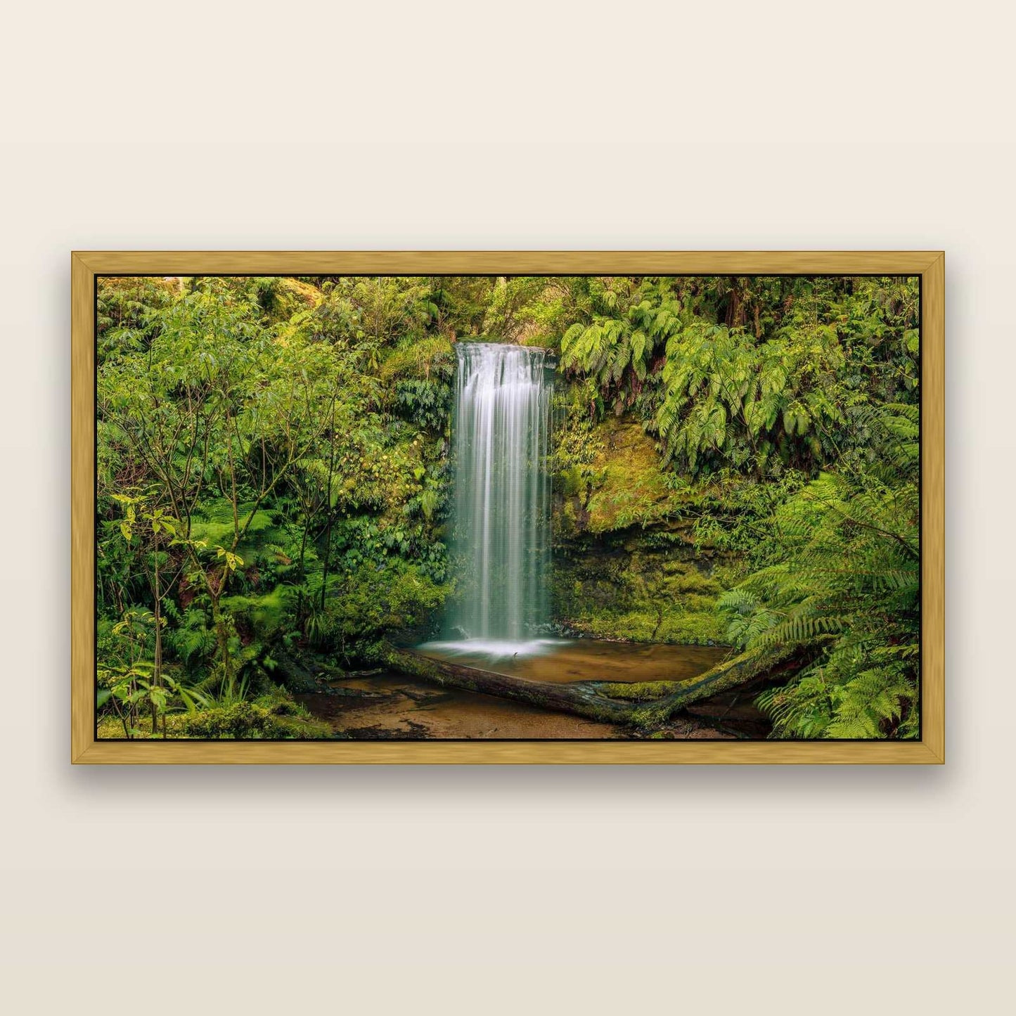 Veil of Serenity, Koropuku Falls — framed metallic canvas print, Antique Gold frame. New Zealand fine art landscape wall art by Stephen Milner.
