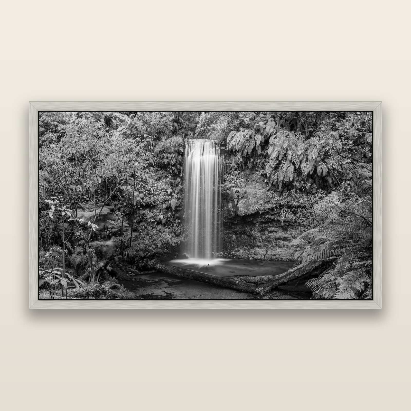 Veil of Serenity, Koropuku Falls, black and white framed metallic canvas print, Antique Silver frame. New Zealand fine art wall art by Stephen Milner.