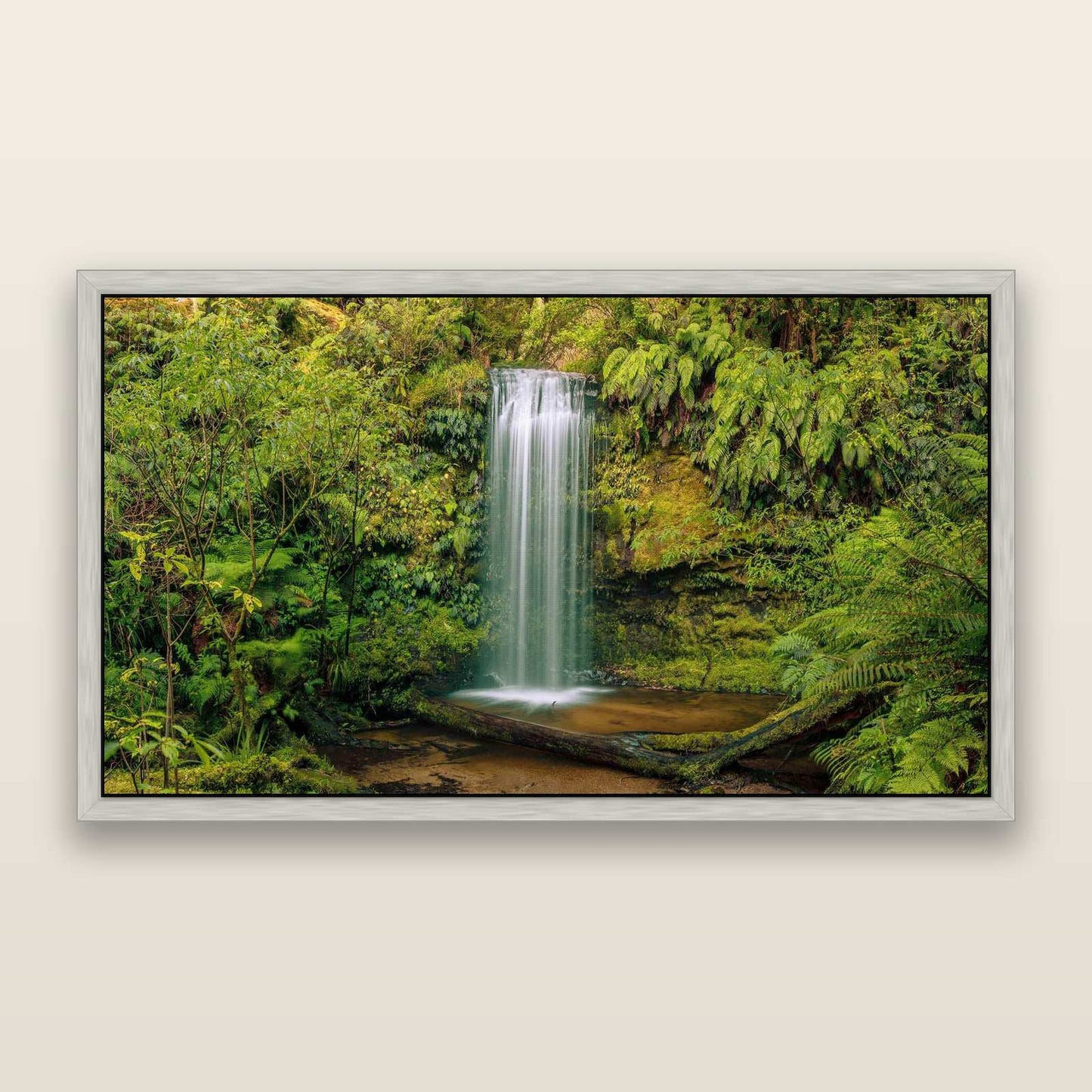 Veil of Serenity, Koropuku Falls — framed metallic canvas print, Antique Silver frame. New Zealand fine art landscape wall art by Stephen Milner.