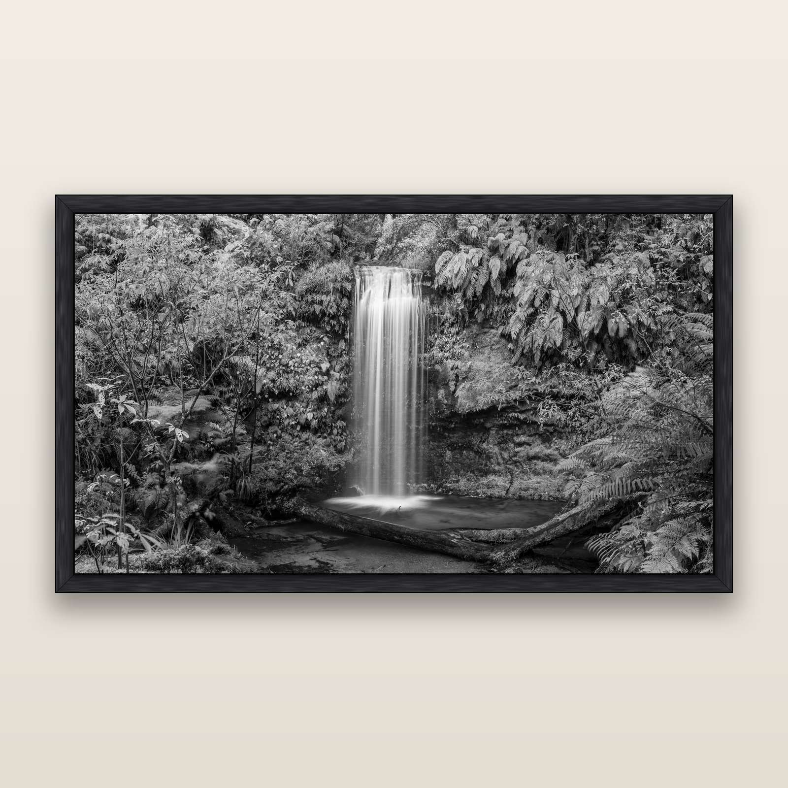 Veil of Serenity, Koropuku Falls, black and white framed metallic canvas print, Black frame. New Zealand fine art wall art by Stephen Milner.