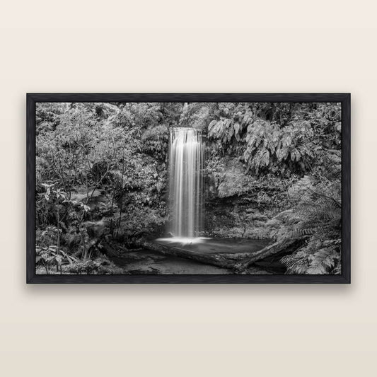 Veil of Serenity, Koropuku Falls, black and white framed metallic canvas print, Black frame. New Zealand fine art wall art by Stephen Milner.