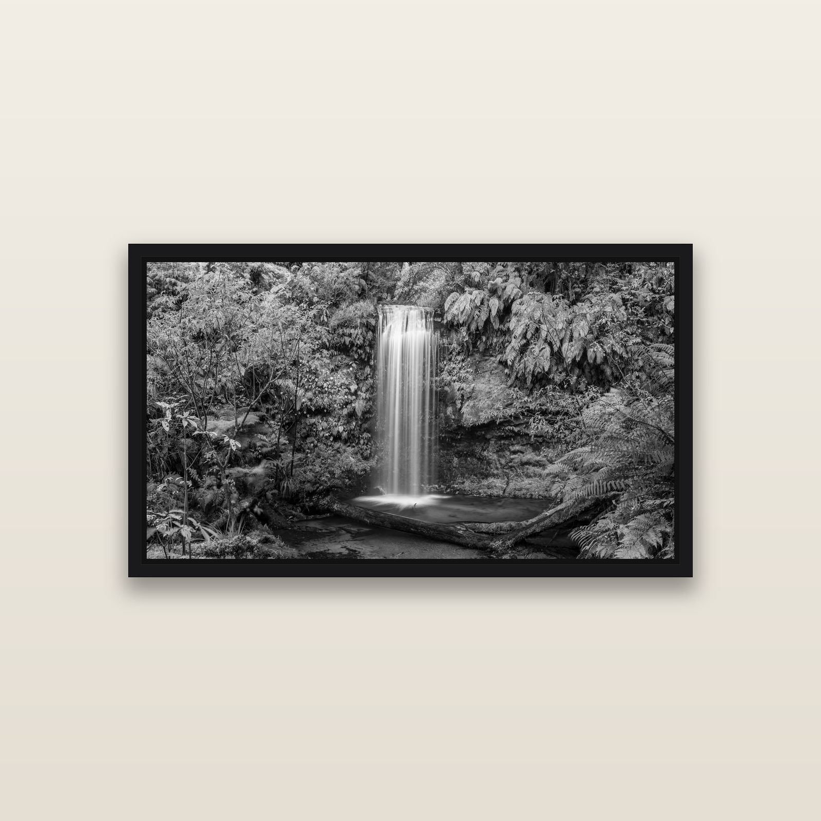 Veil of Serenity, Koropuku Falls — Black framed metallic canvas print, small 81 × 46 cm. New Zealand fine art landscape wall art by Stephen Milner.