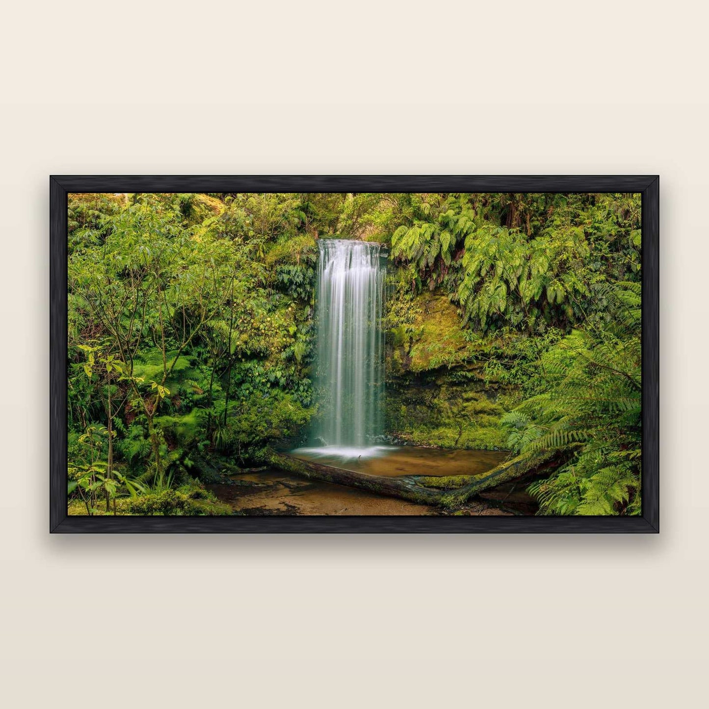 Veil of Serenity, Koropuku Falls — framed metallic canvas print, Black frame. New Zealand fine art landscape wall art by Stephen Milner.