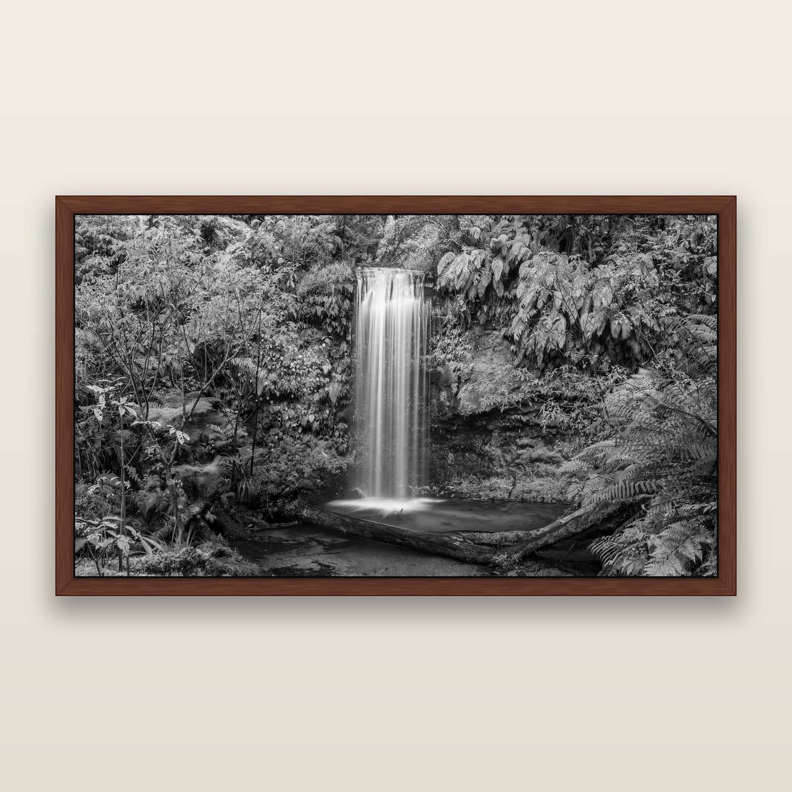 Veil of Serenity, Koropuku Falls, black and white framed metallic canvas print, Brown frame. New Zealand fine art wall art by Stephen Milner.