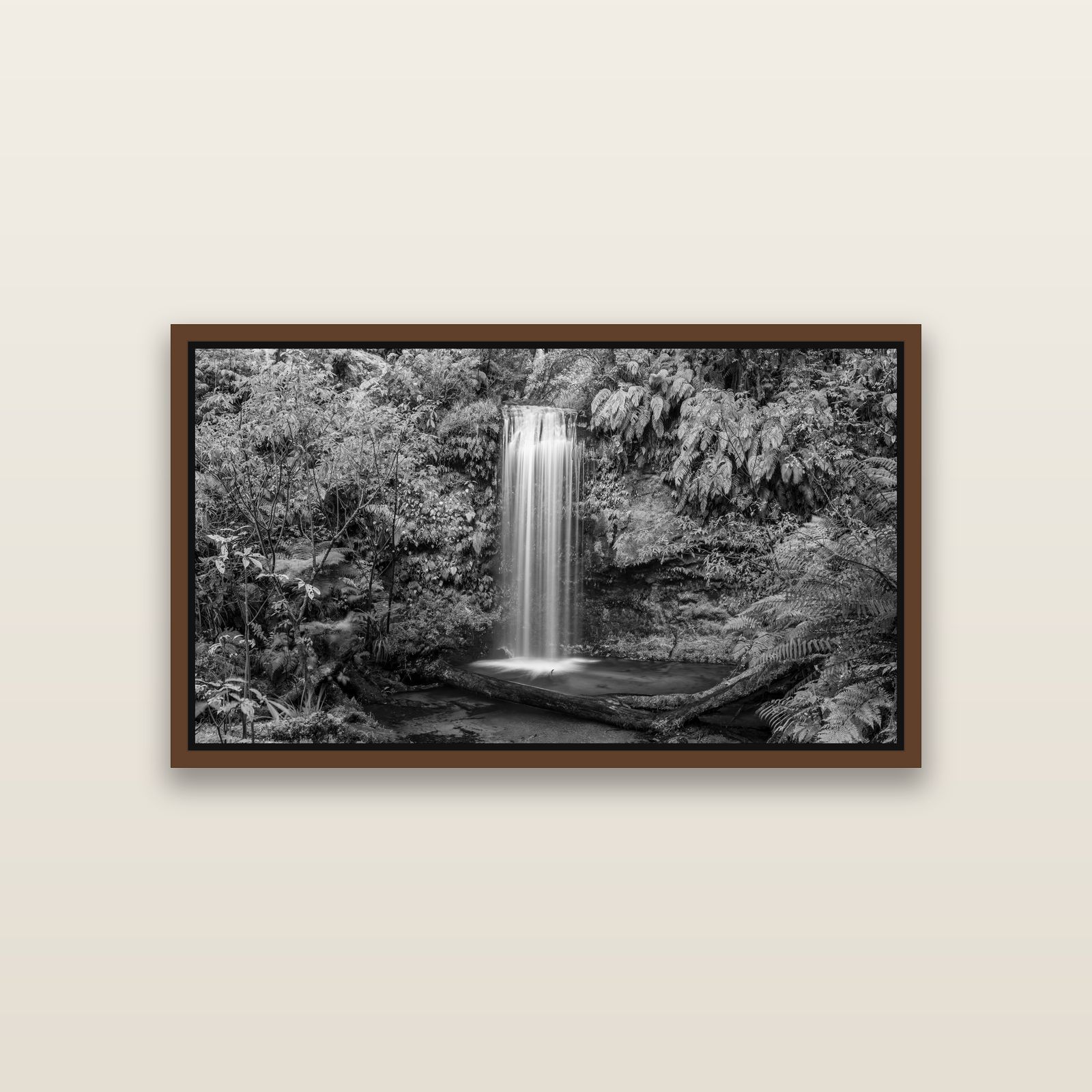 Veil of Serenity, Koropuku Falls — Brown framed metallic canvas print, small 81 × 46 cm. New Zealand fine art landscape wall art by Stephen Milner.
