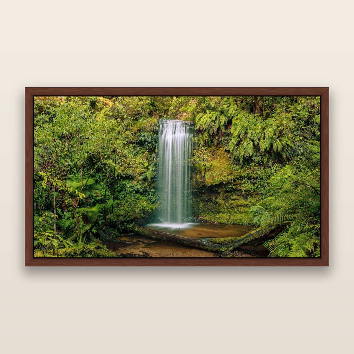 Veil of Serenity, Koropuku Falls — framed metallic canvas print, Brown frame. New Zealand fine art landscape wall art by Stephen Milner.