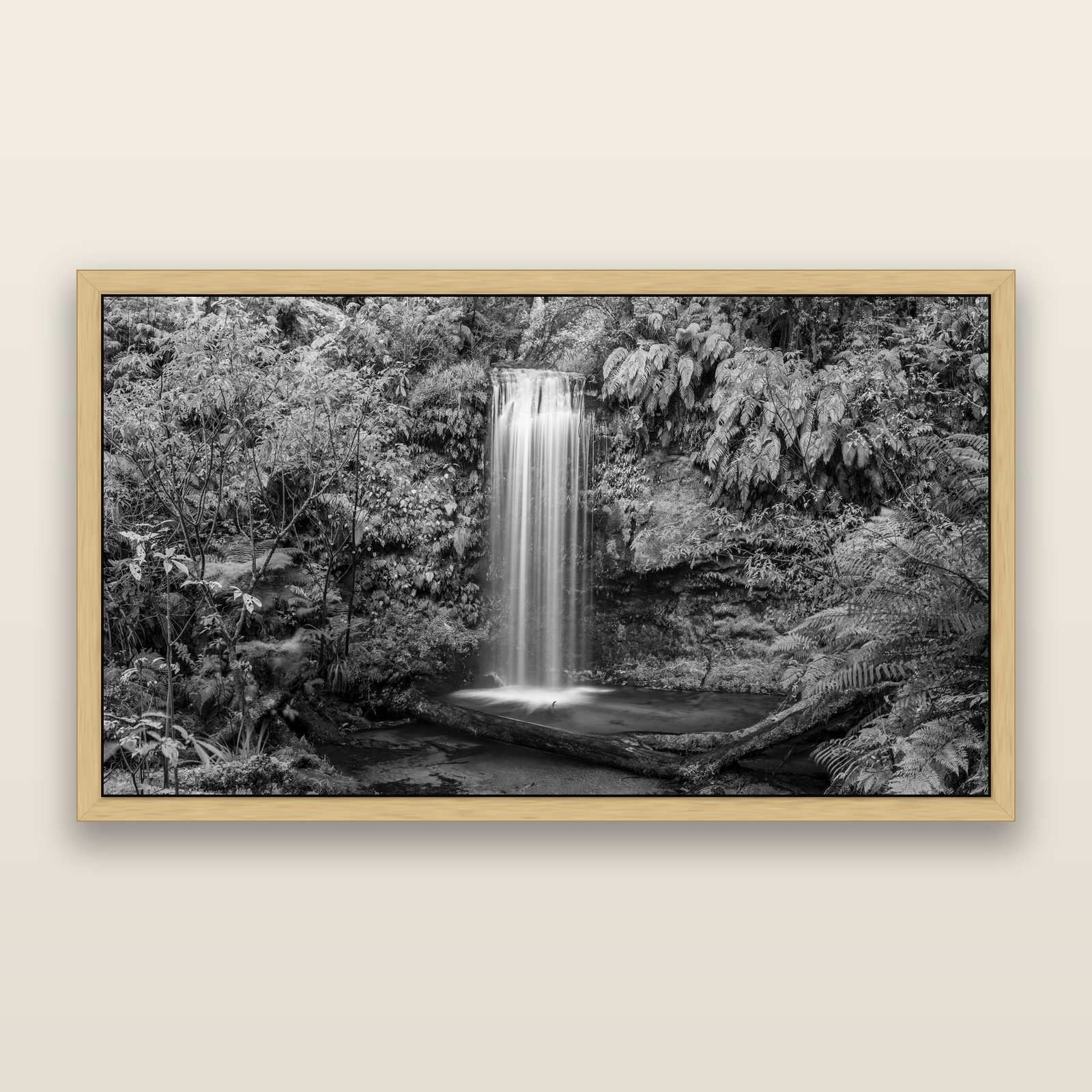 Veil of Serenity, Koropuku Falls, black and white framed metallic canvas print, Natural frame. New Zealand fine art wall art by Stephen Milner.