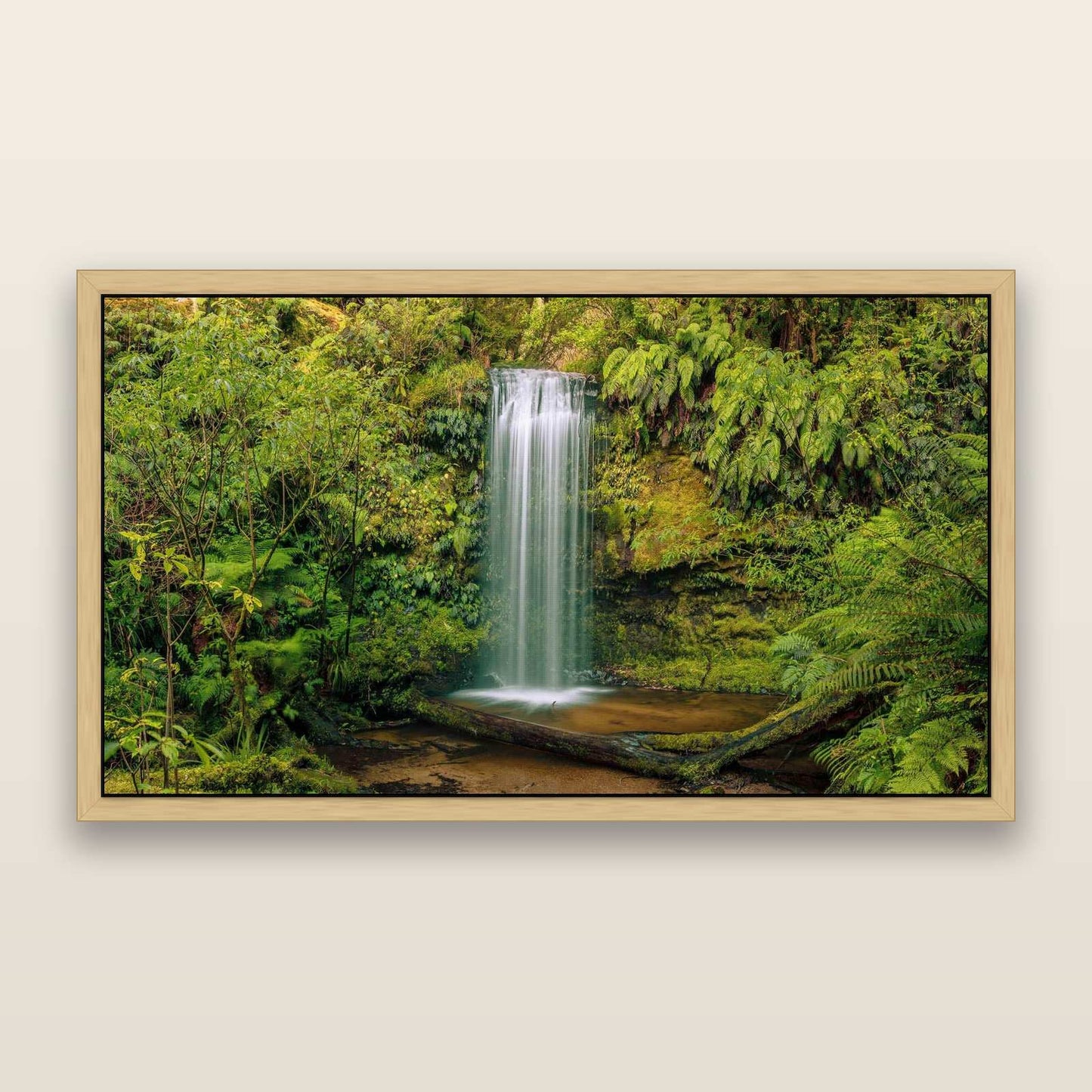Veil of Serenity, Koropuku Falls — framed metallic canvas print, Natural frame. New Zealand fine art landscape wall art by Stephen Milner.
