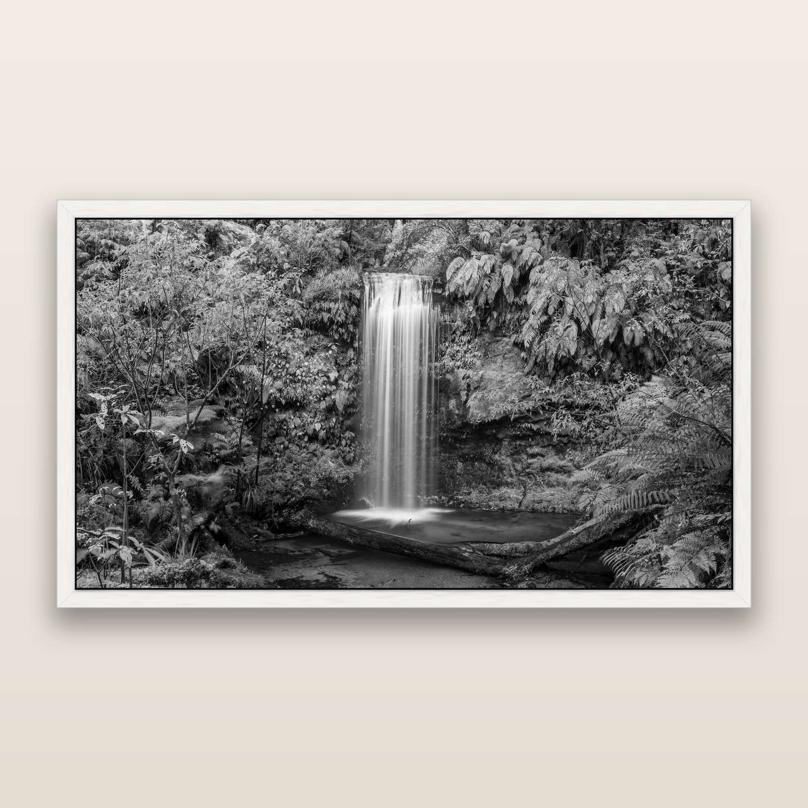 Veil of Serenity, Koropuku Falls, black and white framed metallic canvas print, White frame. New Zealand fine art wall art by Stephen Milner.