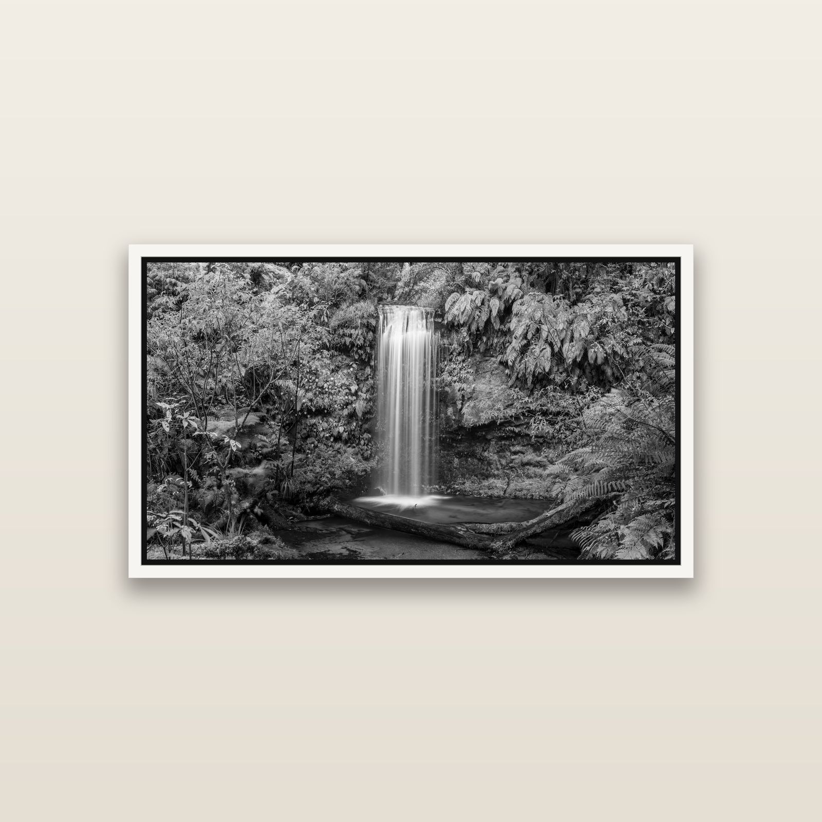 Veil of Serenity, Koropuku Falls — White framed metallic canvas print, small 81 × 46 cm. New Zealand fine art landscape wall art by Stephen Milner.