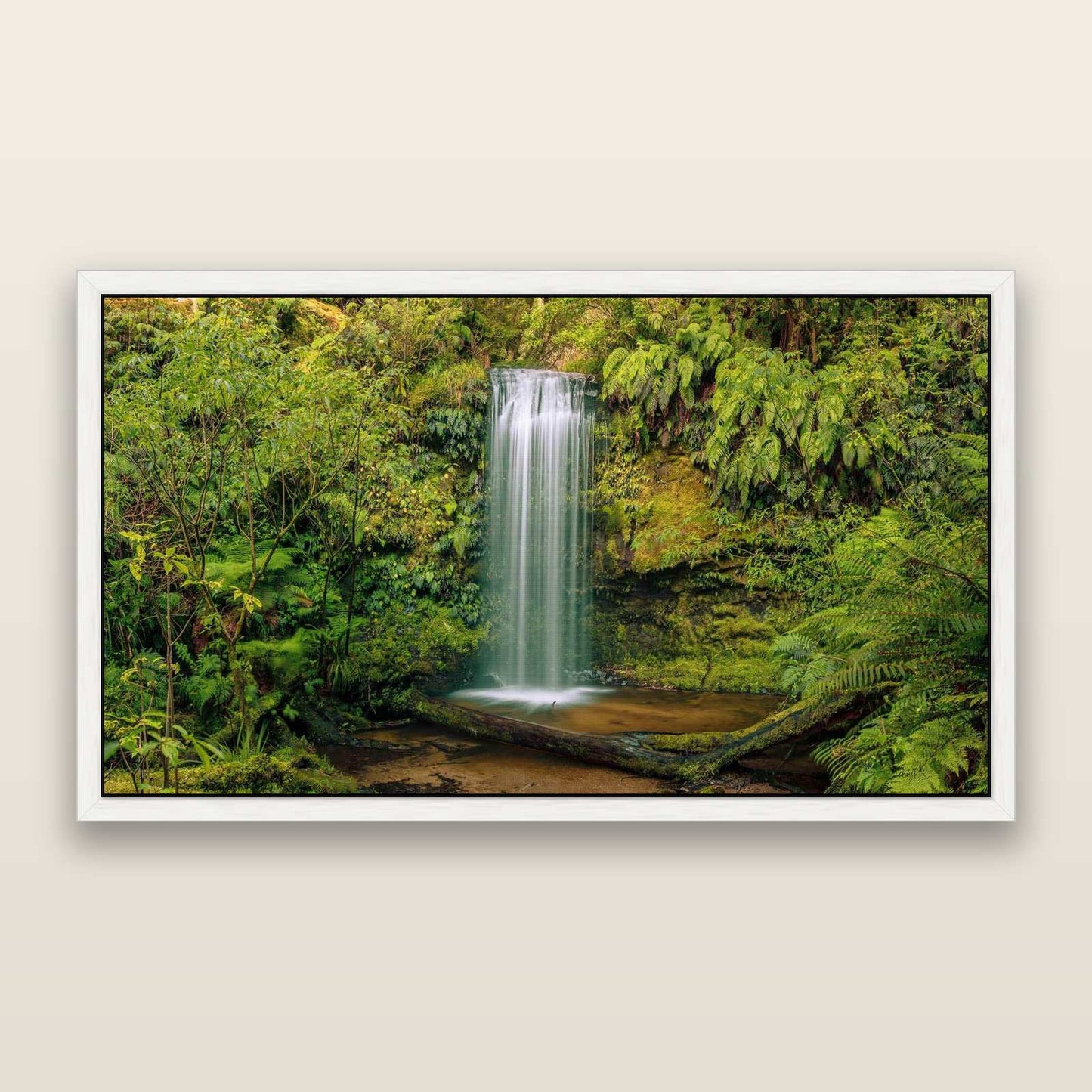 Veil of Serenity, Koropuku Falls — framed metallic canvas print, White frame. New Zealand fine art landscape wall art by Stephen Milner.