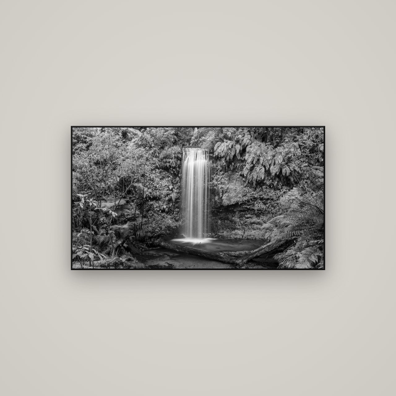 Veil of Serenity, Koropuku Falls — ArtBox Black, 107×60 cm. New Zealand fine art wall art by Stephen Milner.