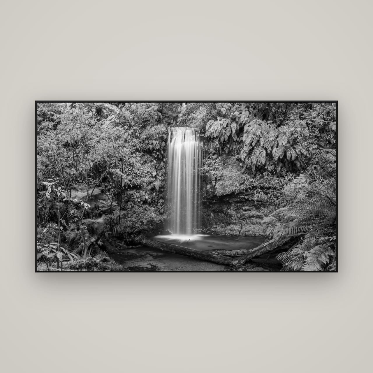 Veil of Serenity, Koropuku Falls — ArtBox Black, 160×90 cm. New Zealand fine art wall art by Stephen Milner.