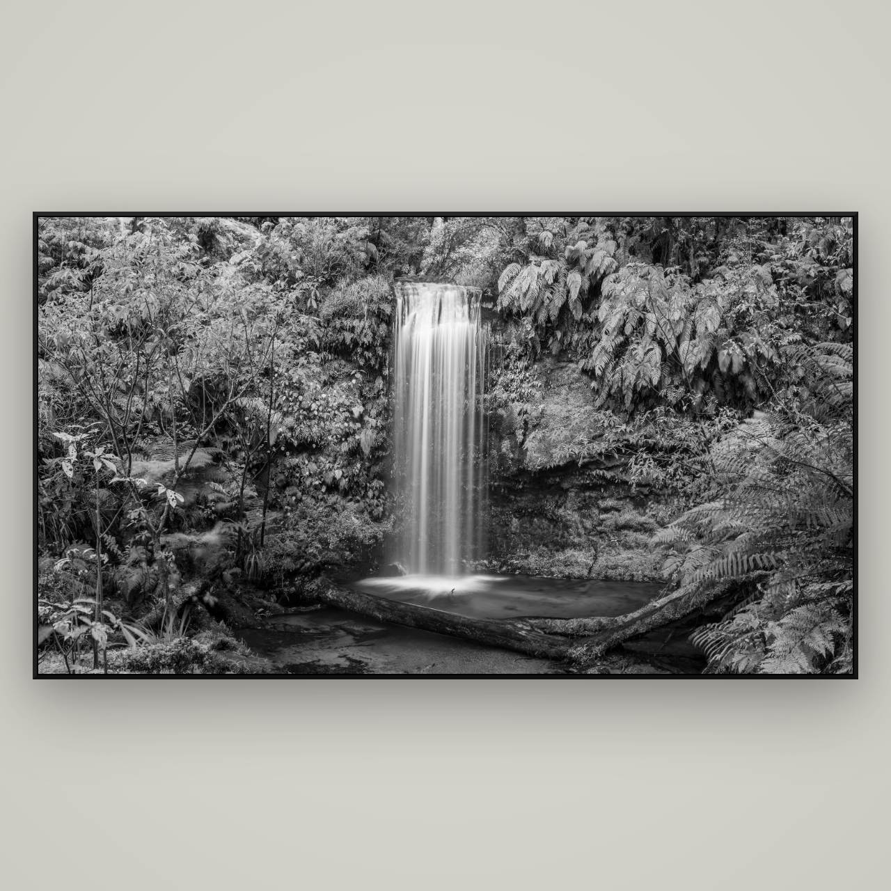 Veil of Serenity, Koropuku Falls — ArtBox Black, 196×110 cm. New Zealand fine art wall art by Stephen Milner.