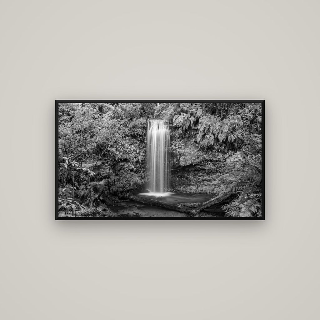 Veil of Serenity, Koropuku Falls — Basel Black Matte, 107×60 cm. New Zealand fine art wall art by Stephen Milner.
