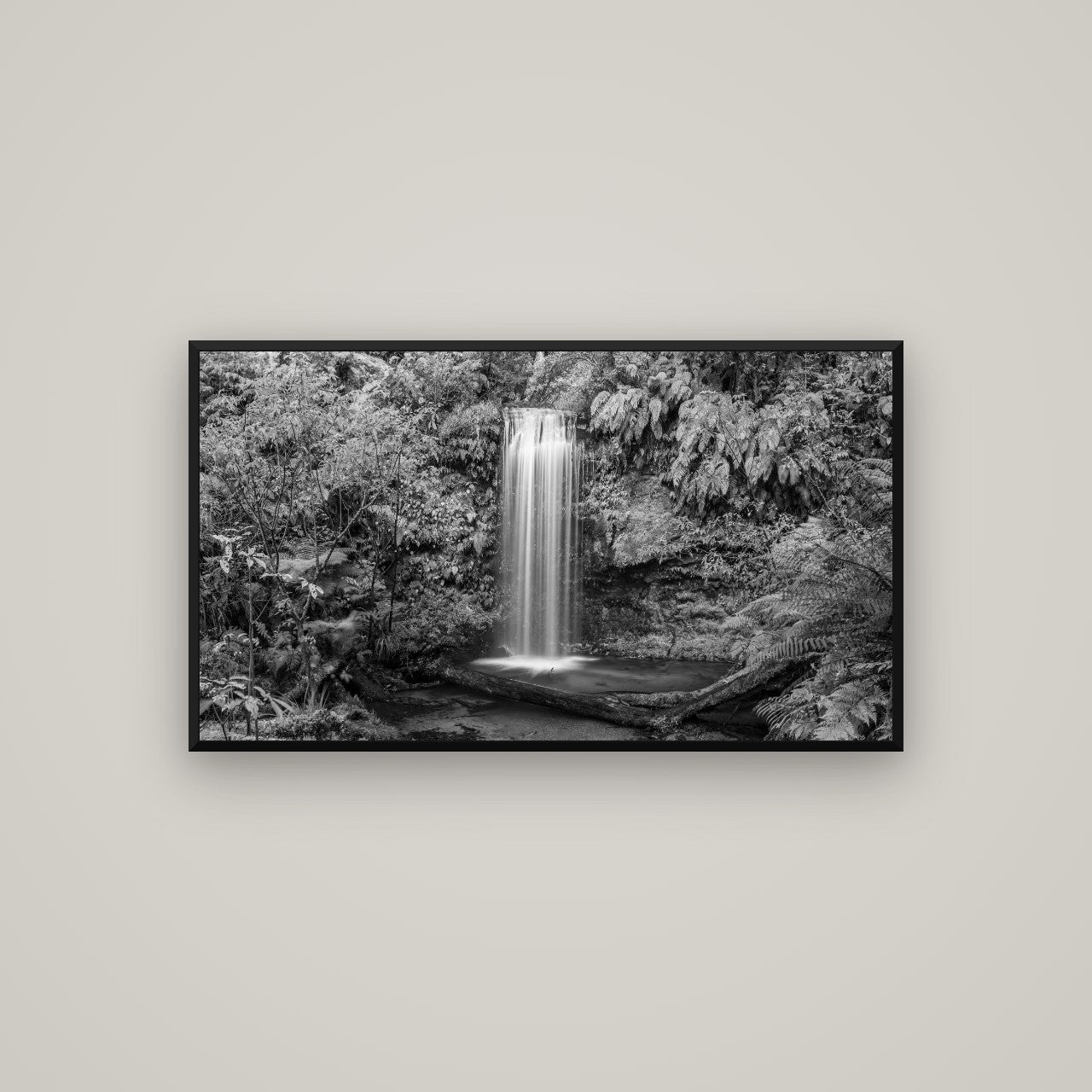 Veil of Serenity, Koropuku Falls — Basel Black, 107×60 cm. New Zealand fine art wall art by Stephen Milner.