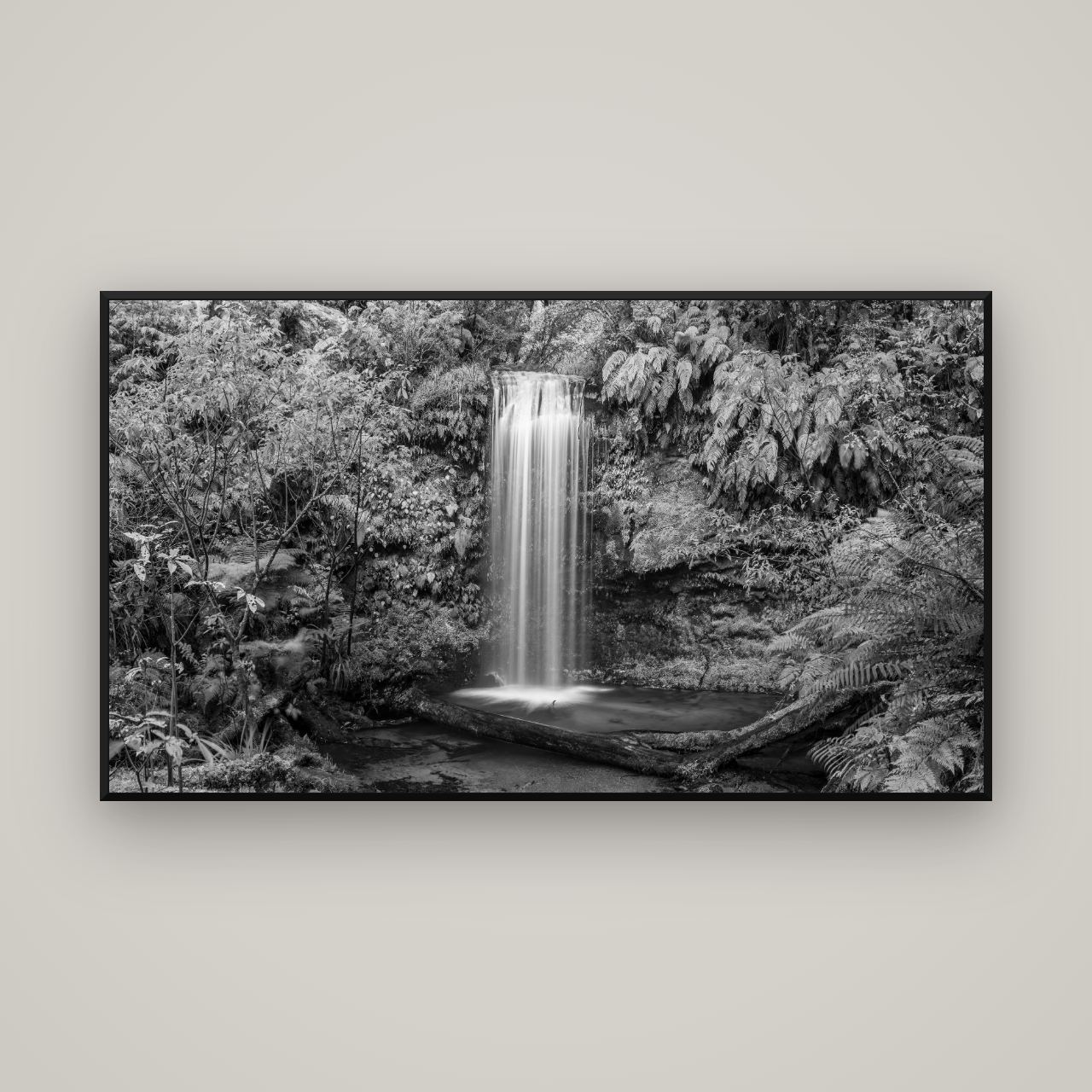 Veil of Serenity, Koropuku Falls — Basel Black, 160×90 cm. New Zealand fine art wall art by Stephen Milner.