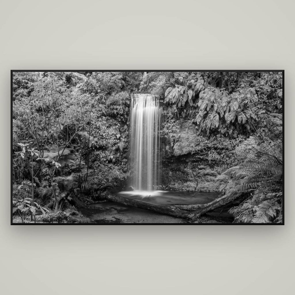 Veil of Serenity, Koropuku Falls — Basel Black Matte, 196×110 cm. New Zealand fine art wall art by Stephen Milner.