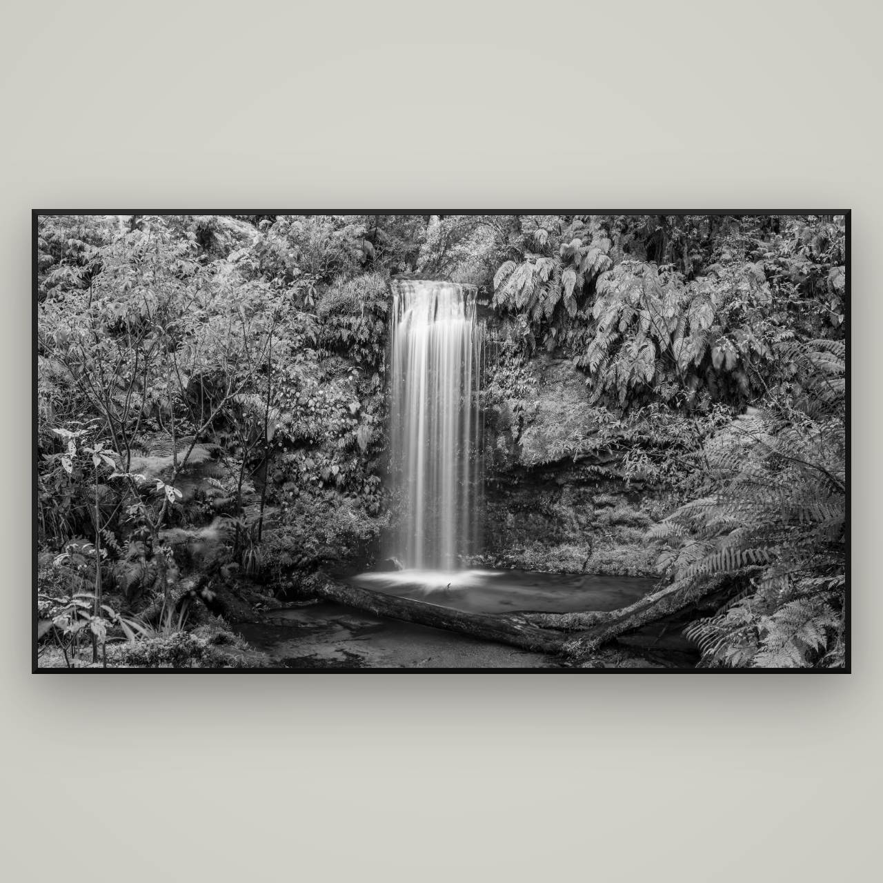 Veil of Serenity, Koropuku Falls — Basel Black, 196×110 cm. New Zealand fine art wall art by Stephen Milner.
